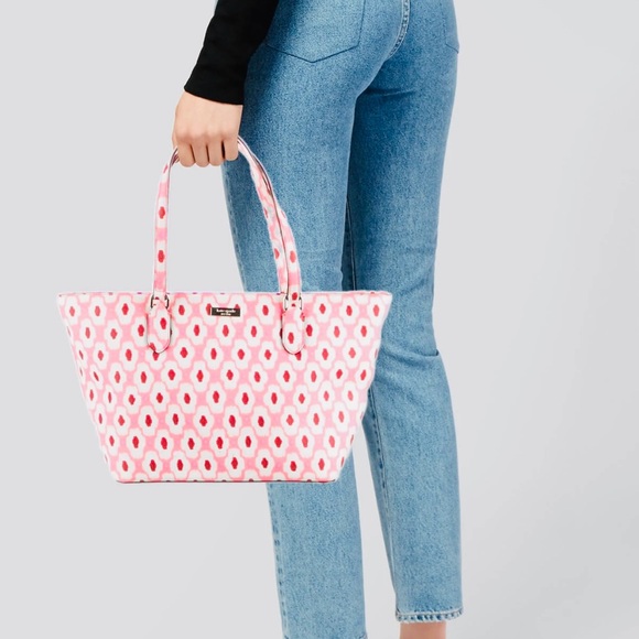 Kate Spade Laurel Way Pink, Red and White Geometric Ikat Posy Tote - Picture 6 of 10